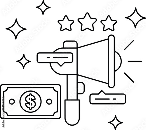 A drawing of an earbud with a dollar sign and a star