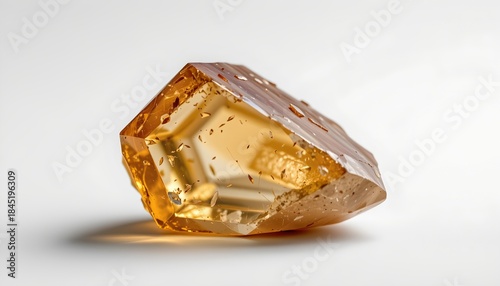 A single yellow gemstone with an irregular shape, placed against a plain background