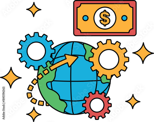 A drawing of a globe with gears and a dollar bill