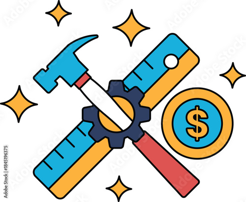 A hammer and a ruler are drawn together with a dollar sign in the middle