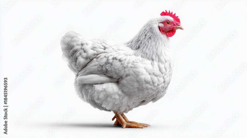 Fototapeta premium A beautiful white hen standing in profile against a clean white background