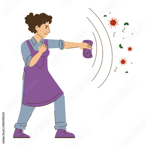 Cleaner in uniform vector isolated. Female janitor as superhero fighting with bacteria. Worker cleaning with special tool. Concept of cleaning service, woman holding sponge.