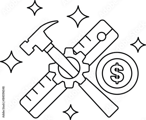 A hammer and a ruler are drawn together with a dollar sign in the middle