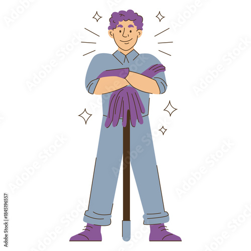 Cleaning service worker standing as superhero vector isolated. Illustration of a male janitor, brave person. Man holding floor mop, standing in heroic pose.