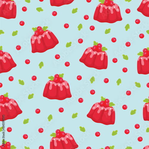 Redcurrant jelly pudding seamless pattern. Flat vector clipart, illustration with isolated background.