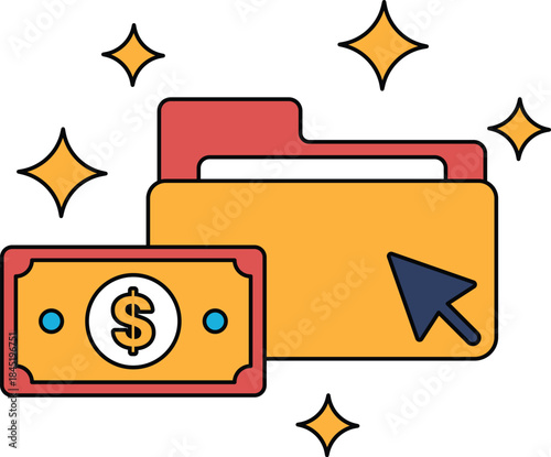 A dollar bill is next to a folder with a dollar sign on it