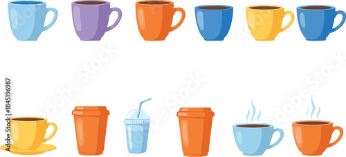 Colorful coffee and tea cups collection with hot beverages takeaway mugs isolated flat vector illustration