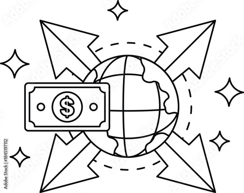 A drawing of a globe with a dollar bill on it
