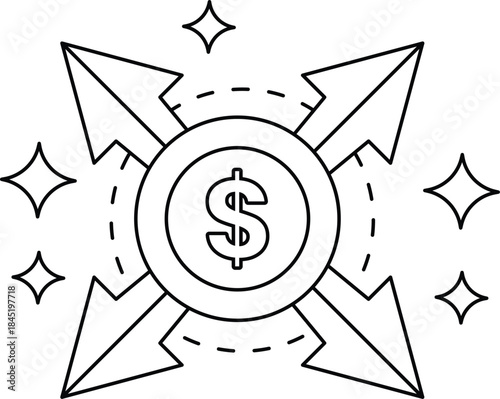 A dollar sign is surrounded by four arrows pointing in different directions