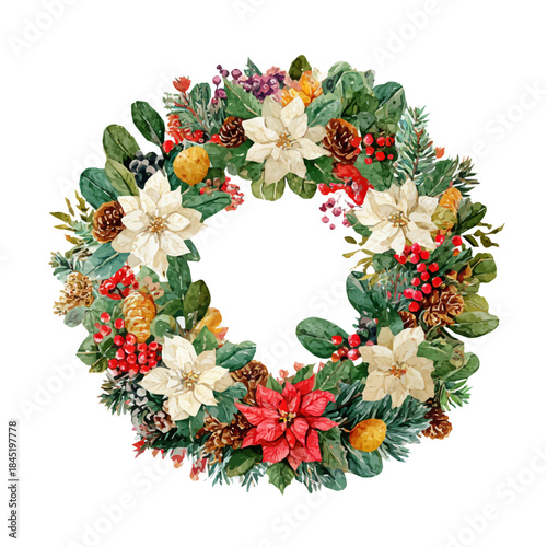 Christmas Wreath watercolor vector illustration, high-quality artwork isolated on a pure white background.