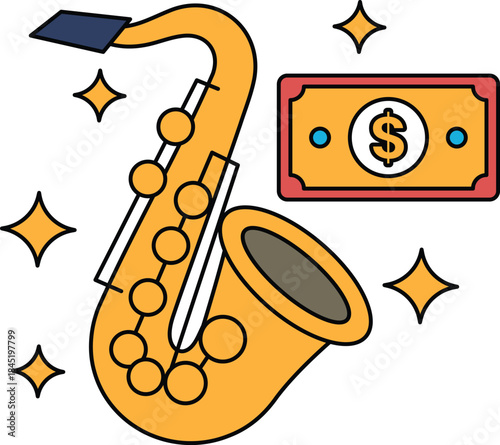A saxophone is drawn with a dollar bill and a star