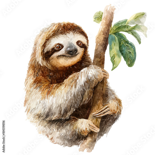 Sloth watercolor vector, hand-painted style, high-quality illustration isolated on white background.