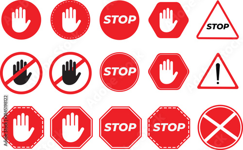 Collection of various red stop and warning signs with hand symbols