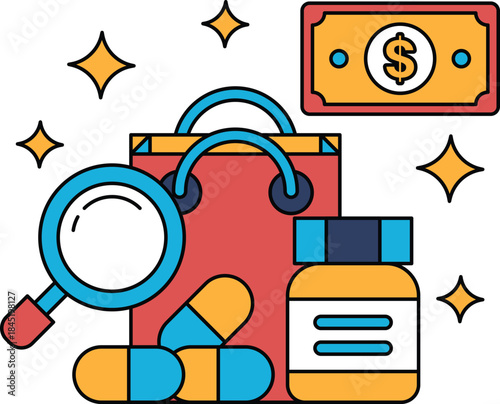 A black and white drawing of a shopping bag with a dollar bill