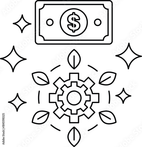 A dollar bill is shown with a gear and a leaf