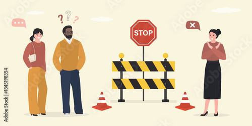 Street road sign of reparation, roadworks with striped barrier, road cones and stop sign. Woman warns citizens about dangerous road closure, under construction.