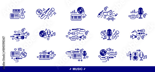 Music and sound producing vector detailed icons set, recording studio mix audio, audio engineering bundle.
