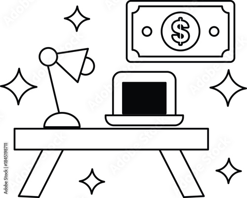 A desk with a laptop, a lamp, and a dollar bill