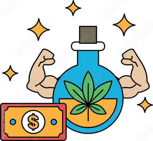 A man with bulging muscles is holding a bottle of marijuana and a dollar bill