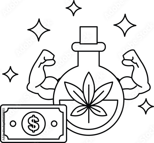A man with bulging muscles is holding a bottle of marijuana and a dollar bill