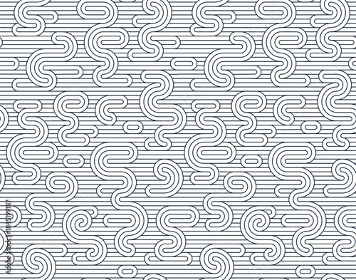 Funky lines seamless pattern, vector abstract geometric background with parallel and curvy lines, Asian style tiling wallpaper.