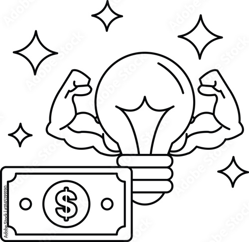 A dollar bill is next to a light bulb