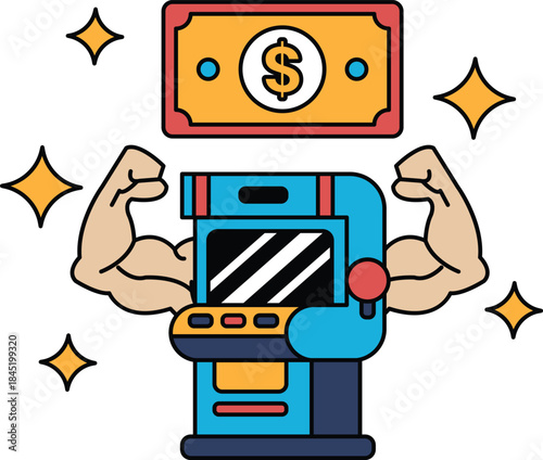 A man with his arms raised and a dollar bill in the background