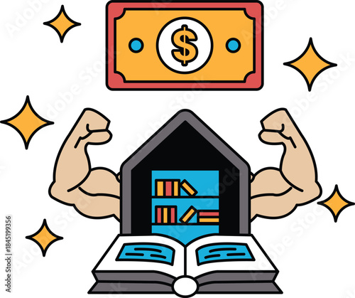 A man with his arms raised is holding a book and a dollar bill