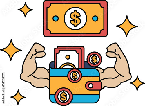 A man with his arms raised is holding a wallet with a lot of money in it
