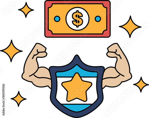 A dollar bill is on top of a shield with a star