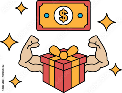A man with his arms raised is holding a box with a dollar bill on top of it