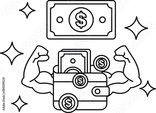 A man with his arms raised is holding a wallet with a lot of money in it