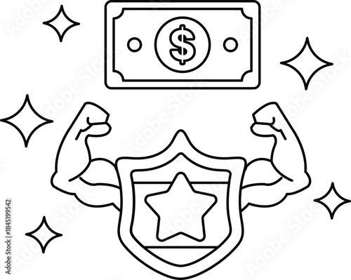 A dollar bill is on top of a shield with a star