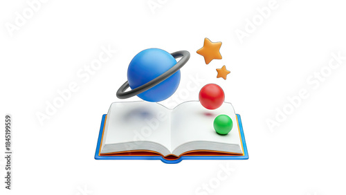 3D Book with Planet, Stars, and Spheres