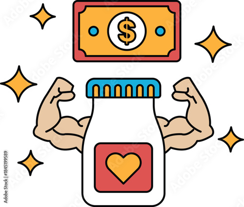 A bottle of medicine with a dollar bill on top