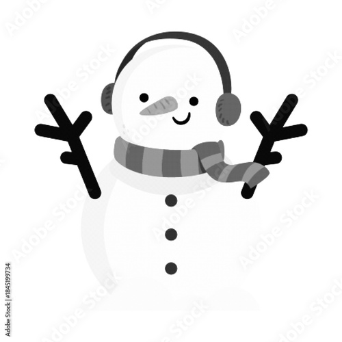 Cute snowman illustration with scarf and earmuffs in minimal flat style. Winter holiday character isolated on white background, perfect for Christmas design, greeting card, sticker, or decoration.