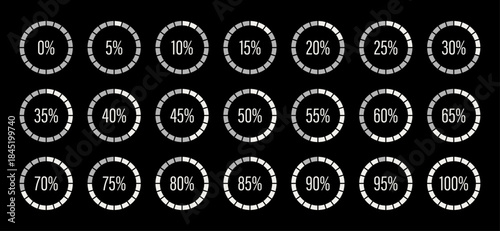 Template of white color of the year and gray color fill pie charts indicator. Round graph loading progress set. Blue progress bars. Circle diagrams icons from 100 to 0 percent. Round percentage infogr