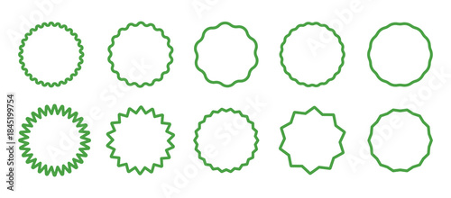 Set of green curve edge frames. Wavy green circles. Circle lined borders. Simple round frames. Graphic illustration. Design of green geometric line. Editable stroke.