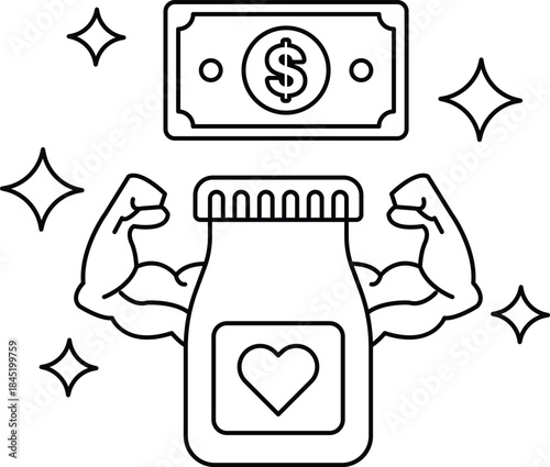 A bottle of medicine with a dollar bill on top