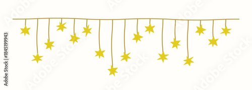 Star garland with festive lights on horizontal string, electric wire. Christm...