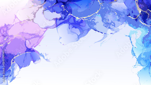Abstract fluid art background with shades of blue purple and gold accents
