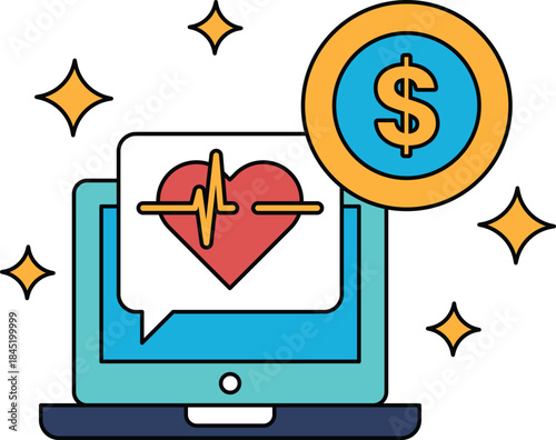 A computer monitor with a heart and a dollar sign