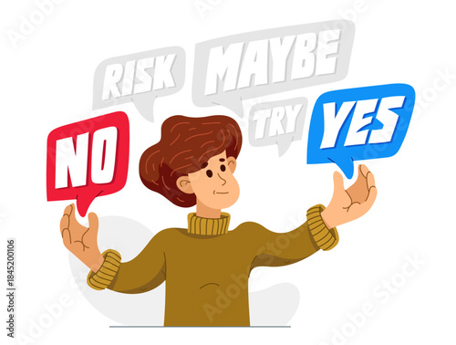 Young man having a doubt and question, vector illustration of a person who is hesitating and thinking about some problem, decide uncertainty.