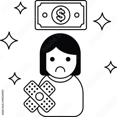 A girl holding a bandage and a dollar bill