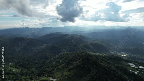 Aerial landscape view of mountain views and cloudy sky
