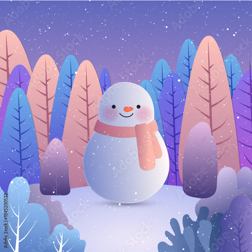 Cute snowman in the middle of a snowy forest , vector illustration design.