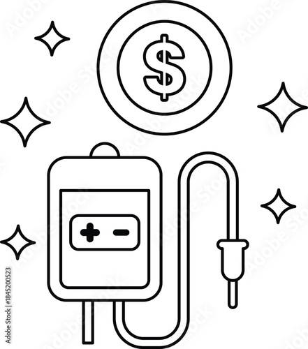 A dollar sign is drawn above a medical device