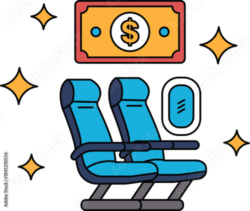 A plane with two seats and a dollar bill on the wall