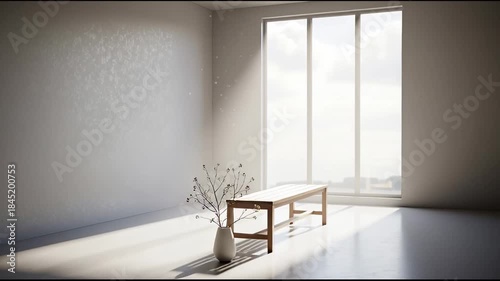 Minimalist room with wooden bench and vase of flowers bathed in sunlight.