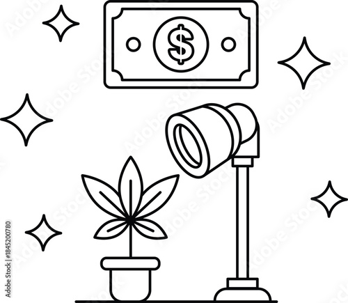 A dollar bill is on a wall next to a plant